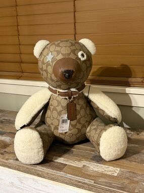 Coach Khaki Signature Monogram Teddy Bear Plush with Leather Tag
